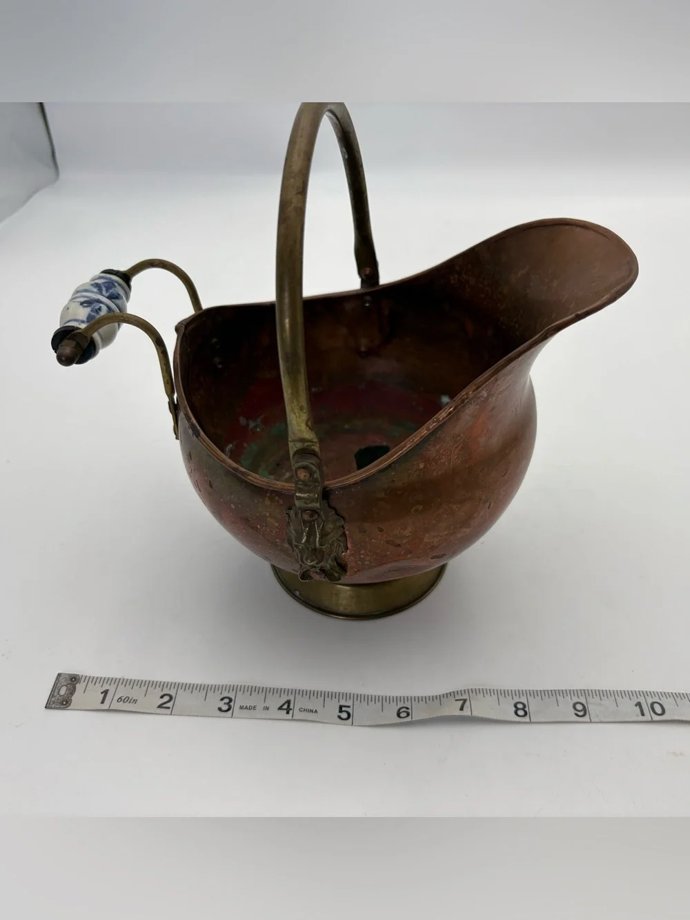 Vintage Copper Coal Scuttle with Brass and Blue and White Porcelain Handle